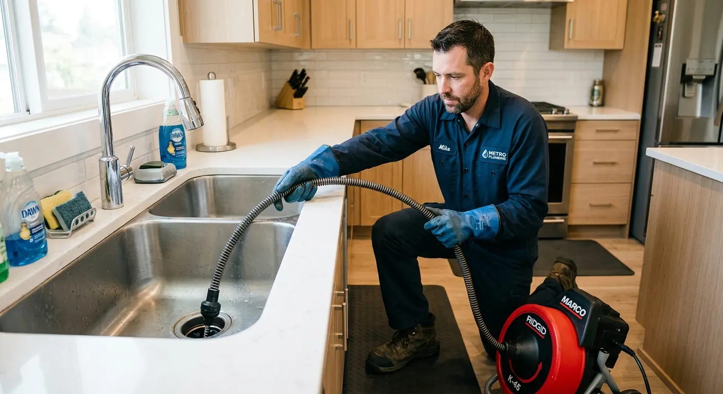 Drain cleaning technician using a motorized snake on a kitchen sink in Hilo