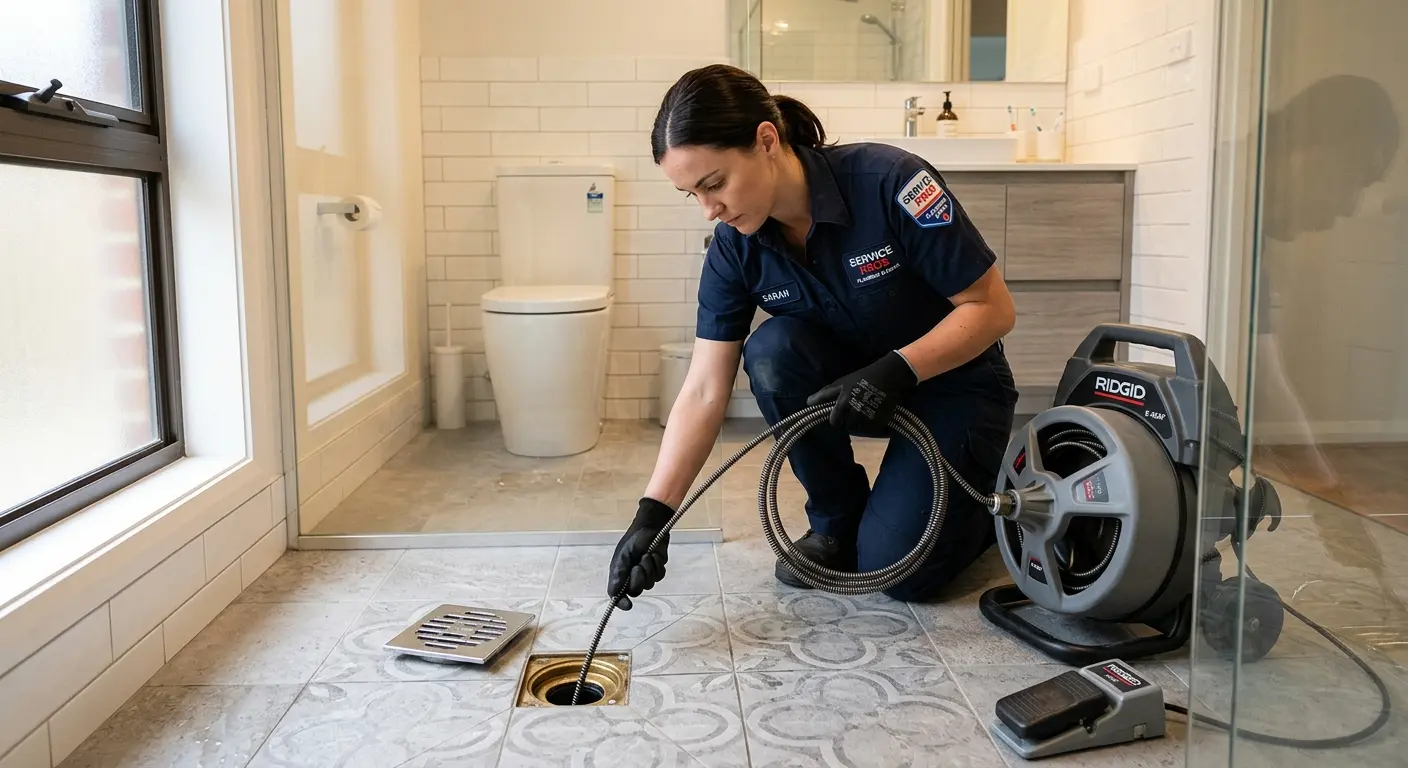 Technician clearing a bathroom floor drain for Sewer Line Replacement in Hilo
